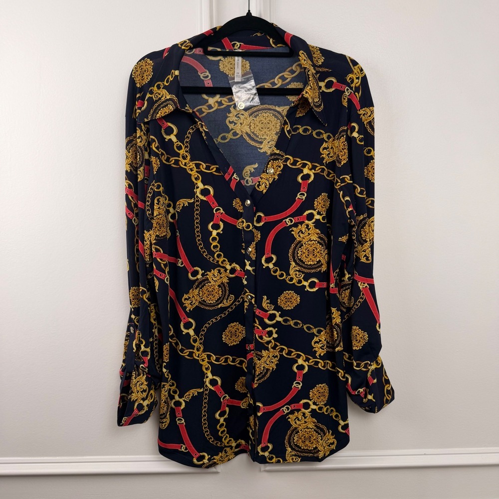 Navy Gold Baroque Chain Print Button Up Blouse 2X‎ Stretch Jersey NEW